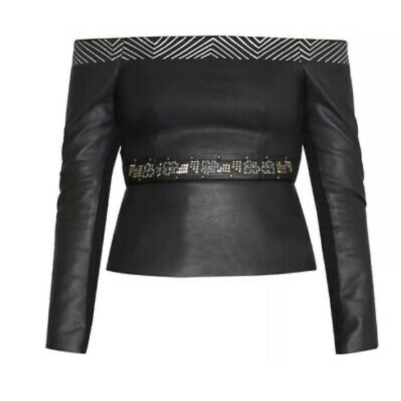 BCBGMaxAzria Tops - NWT BCBGMaxAzria Faux Leather off Shoulder Peplum Top with Sequins